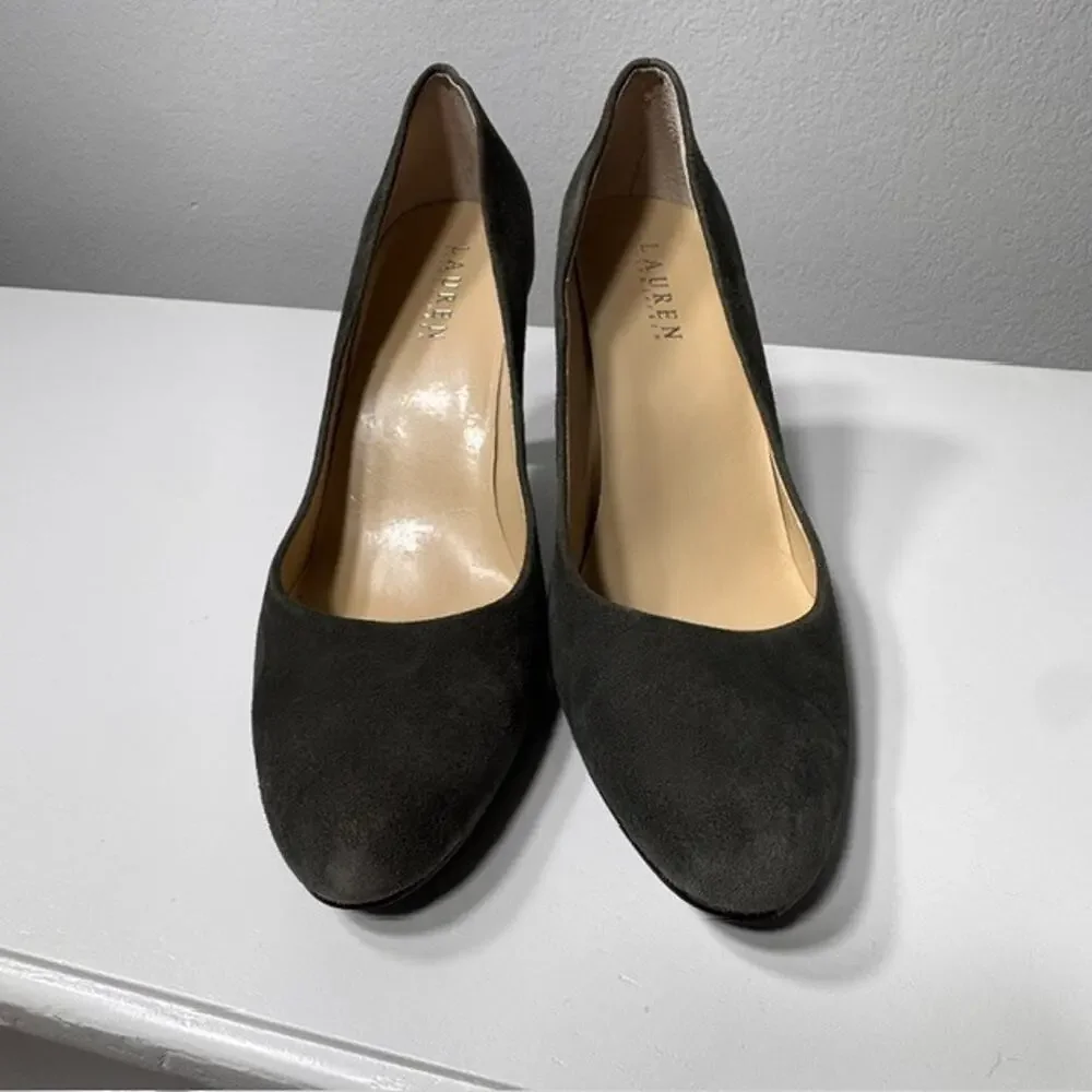 Lauren Ralph Lauren Suede Pumps Womens Size 9B Olive Green Round Toe Heels